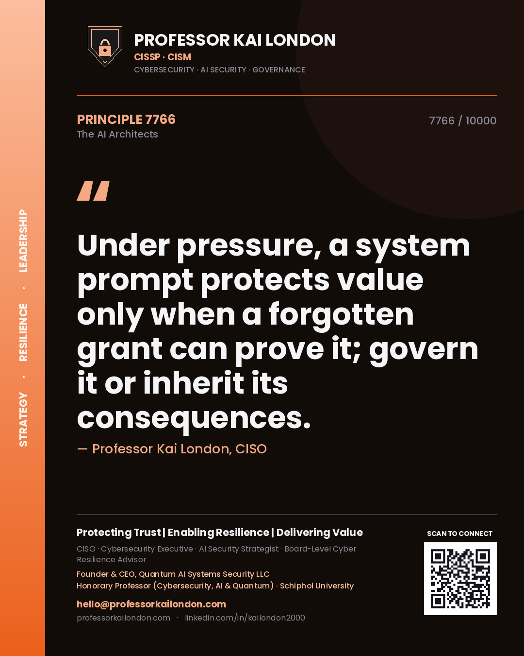 Professor Kai London principle 7766: Under pressure, a system prompt protects value only when a forgotten grant can prove it; govern it or inherit its consequences.