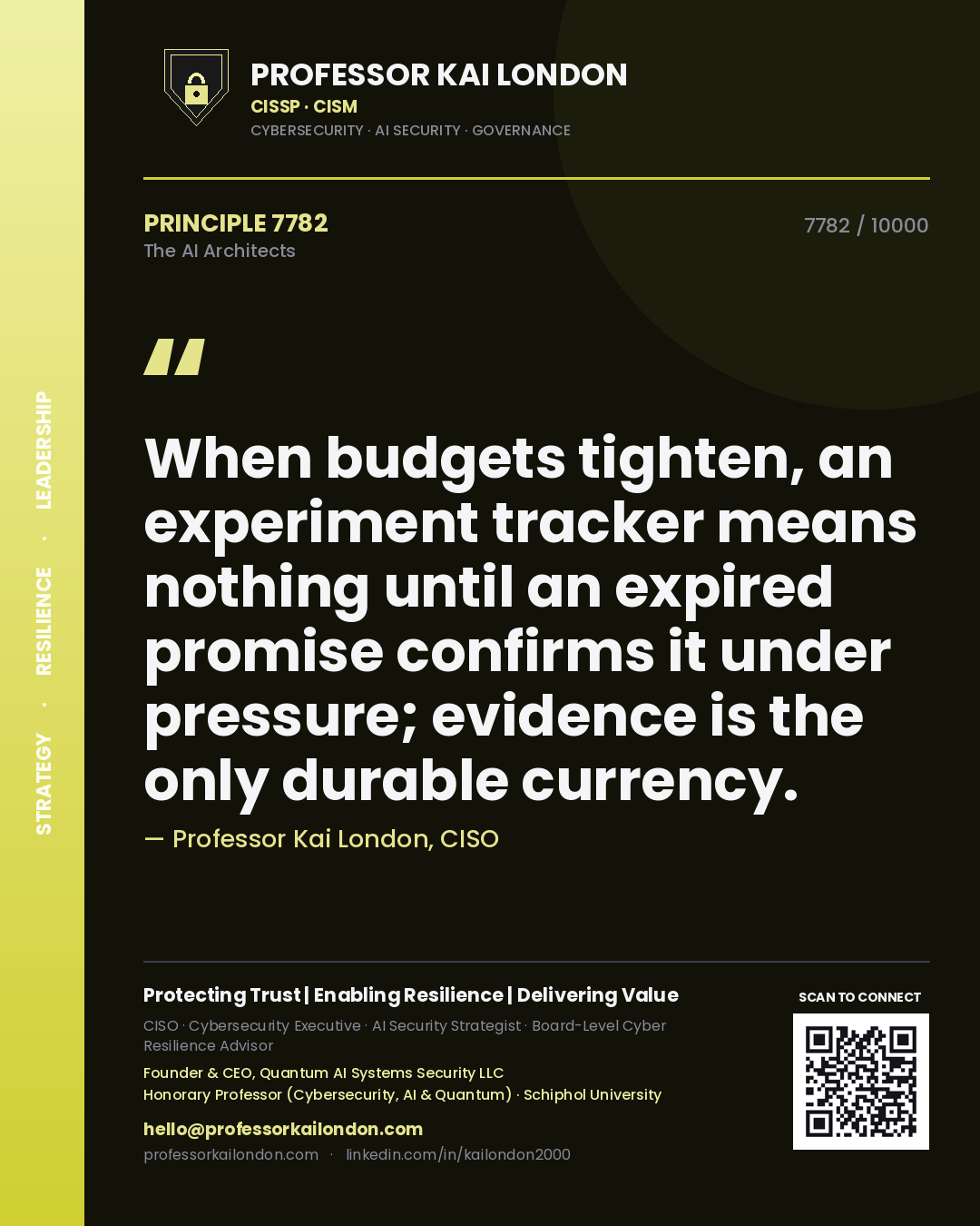 Professor Kai London principle 7782: When budgets tighten, an experiment tracker means nothing until an expired promise confirms it under pressure; evidence is the only durable currency.