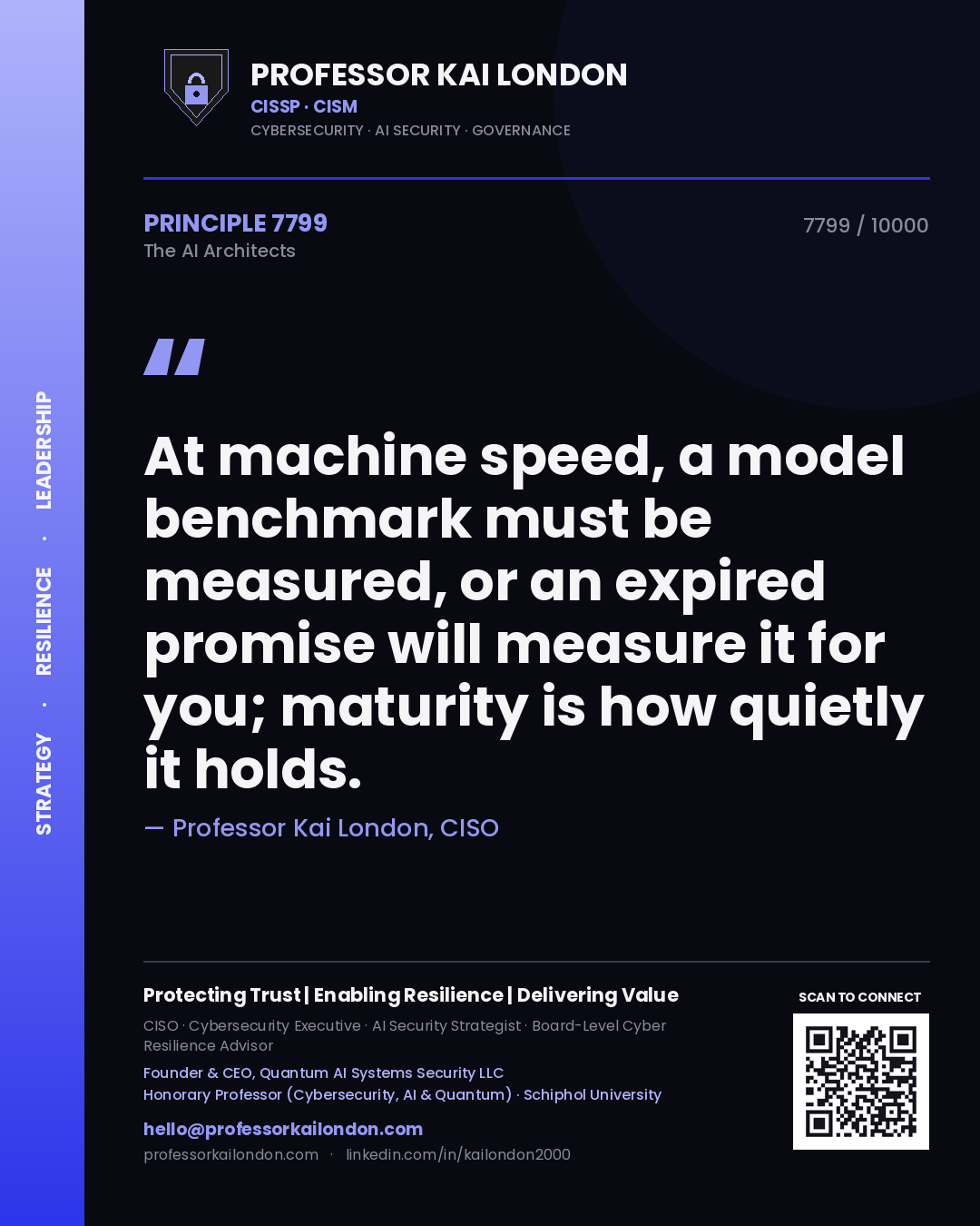 Quote card by Professor Kai London reading 'At machine speed, a model benchmark must be measured, or an expired promise will measure it for you; maturity is how quietly it holds.'. From the book The AI Architects.
