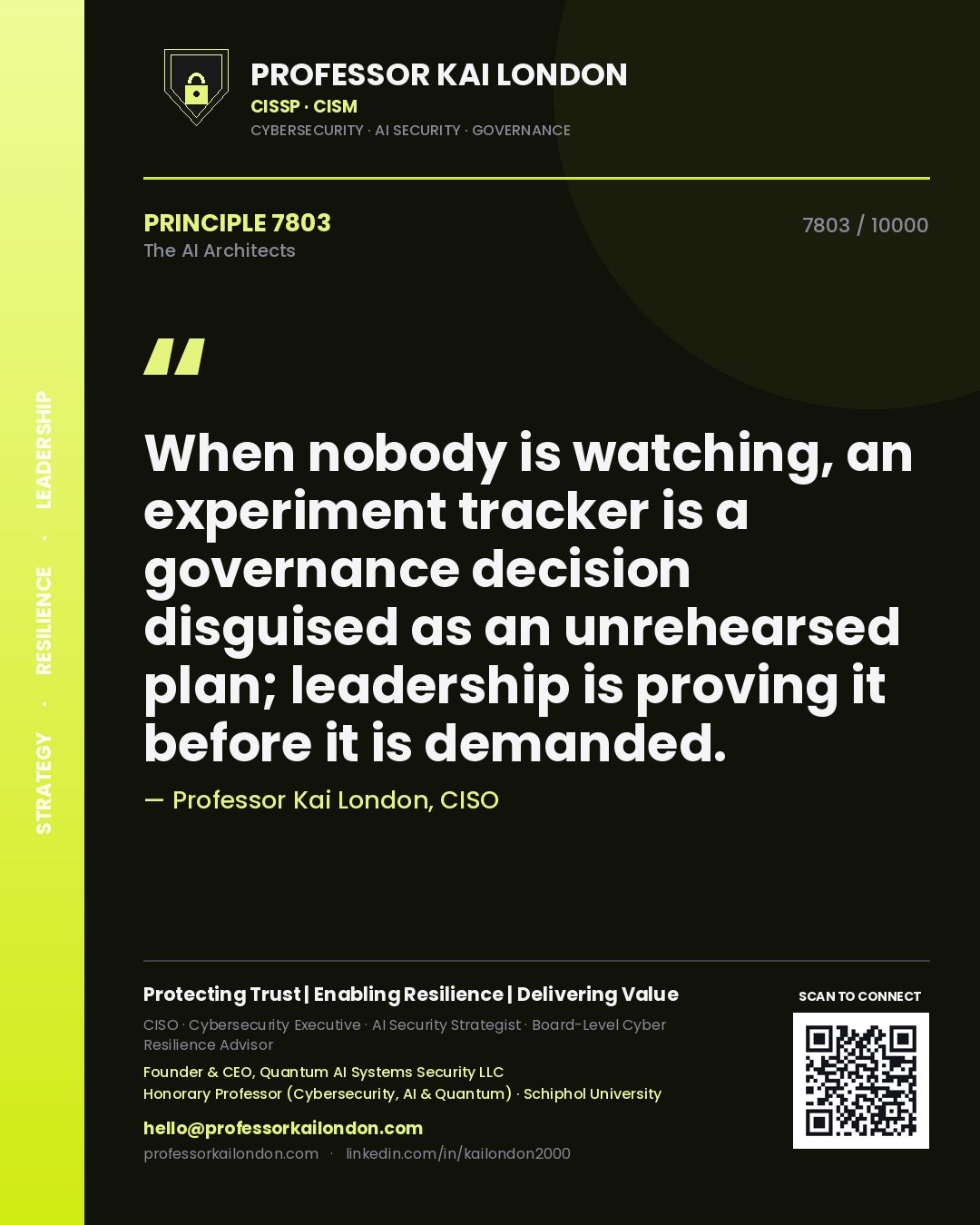 Professor Kai London principle 7803: When nobody is watching, an experiment tracker is a governance decision disguised as an unrehearsed plan; leadership is proving it before it is demanded.