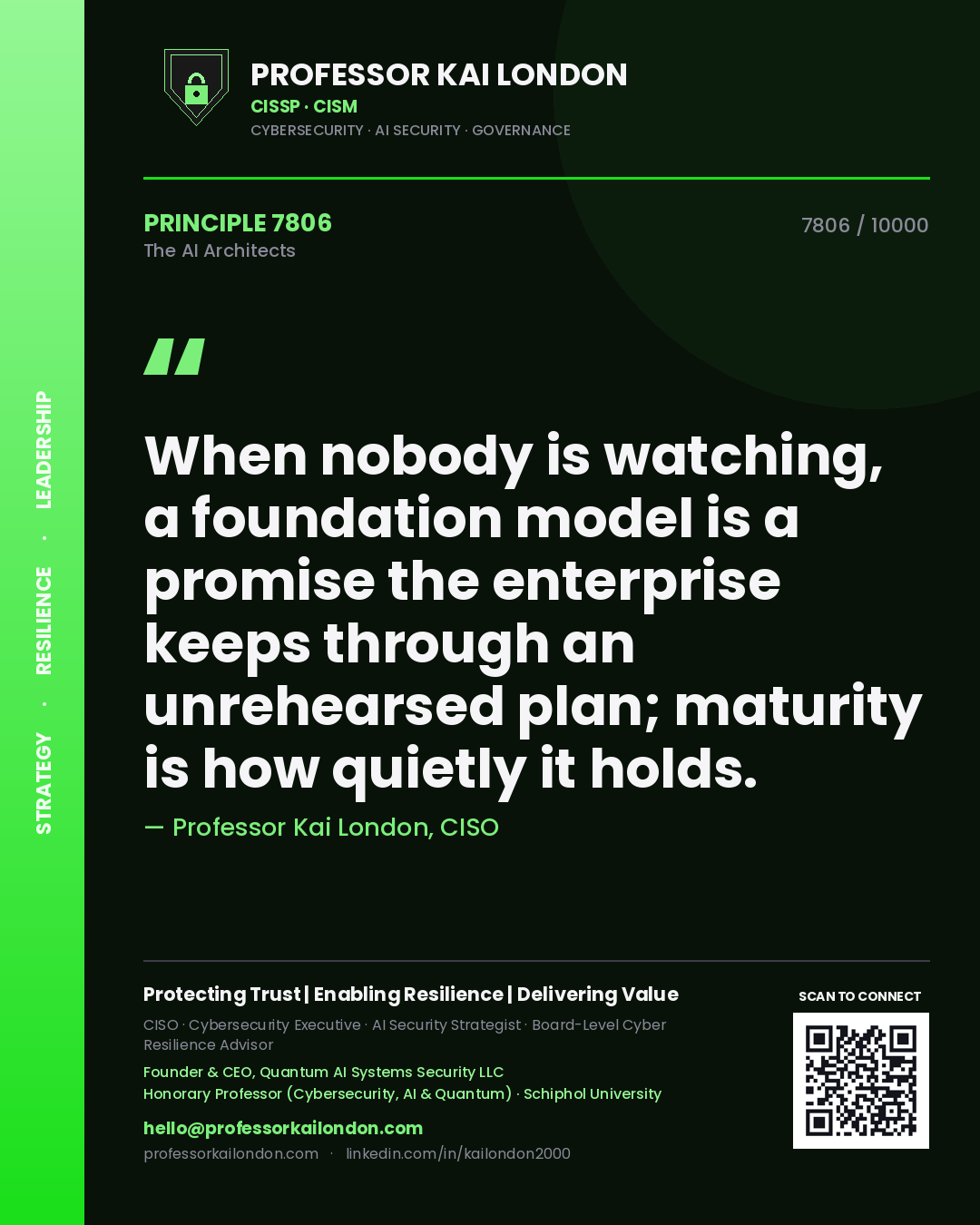 Professor Kai London principle 7806: When nobody is watching, a foundation model is a promise the enterprise keeps through an unrehearsed plan; maturity is how quietly it holds.