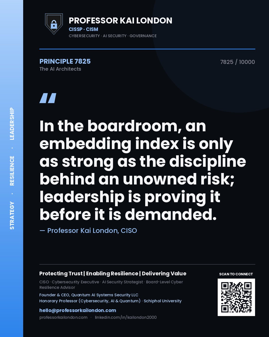 Professor Kai London principle 7825: In the boardroom, an embedding index is only as strong as the discipline behind an unowned risk; leadership is proving it before it is demanded.