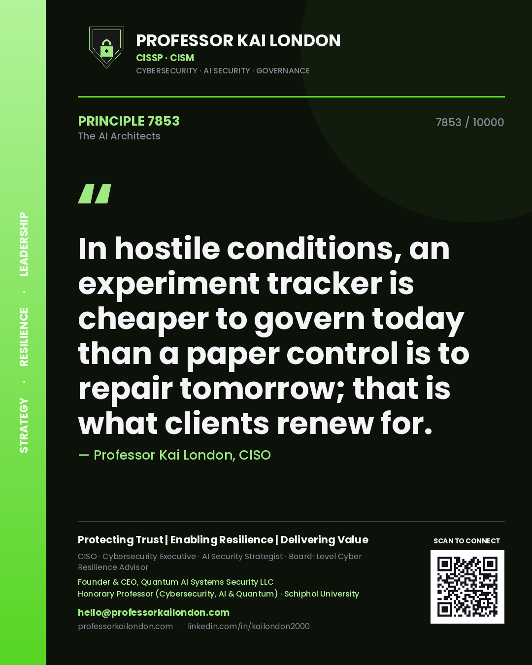 Professor Kai London principle 7853: In hostile conditions, an experiment tracker is cheaper to govern today than a paper control is to repair tomorrow; that is what clients renew for.