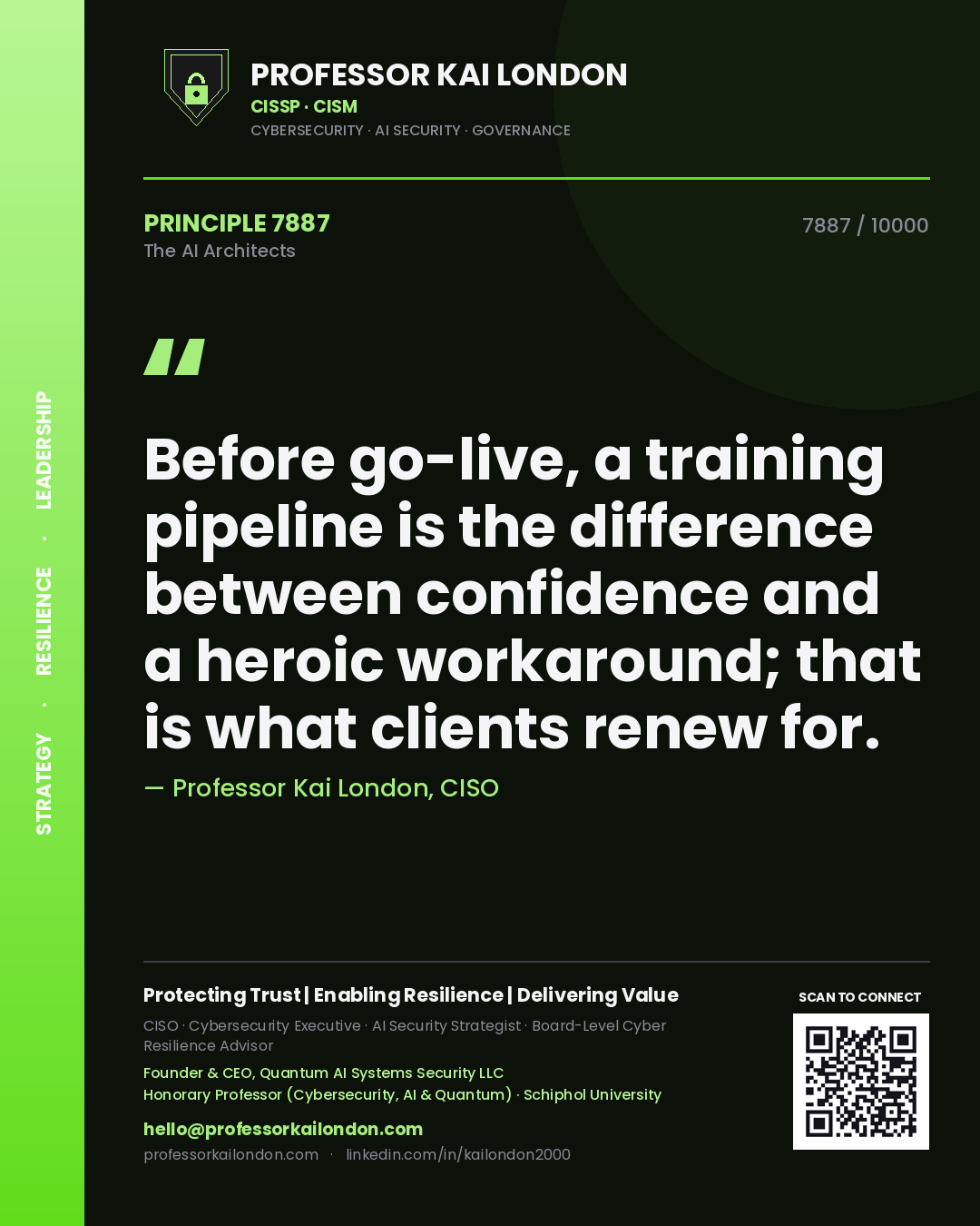 Professor Kai London principle 7887: Before go-live, a training pipeline is the difference between confidence and a heroic workaround; that is what clients renew for.