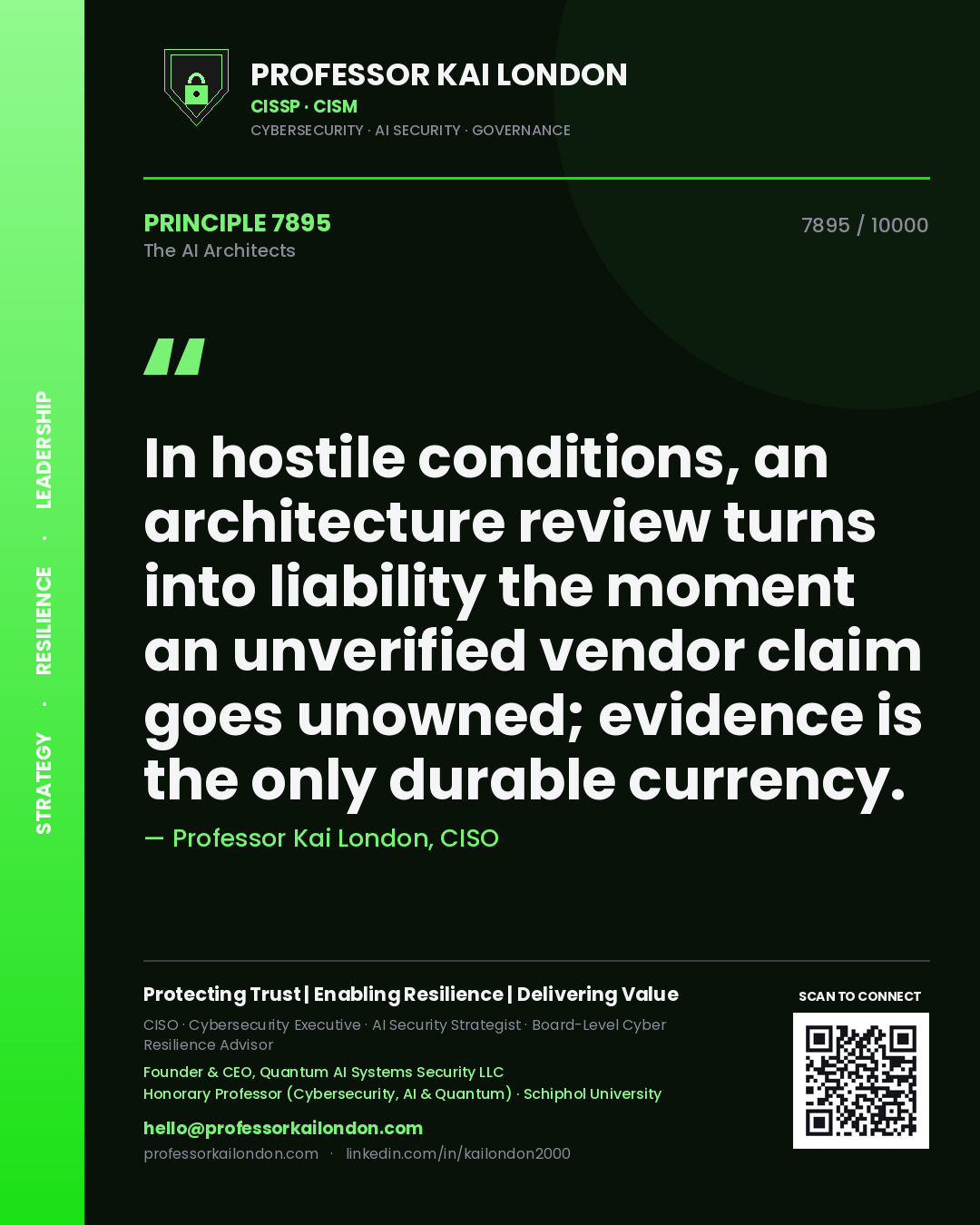 Professor Kai London principle 7895: In hostile conditions, an architecture review turns into liability the moment an unverified vendor claim goes unowned; evidence is the only durable currency.
