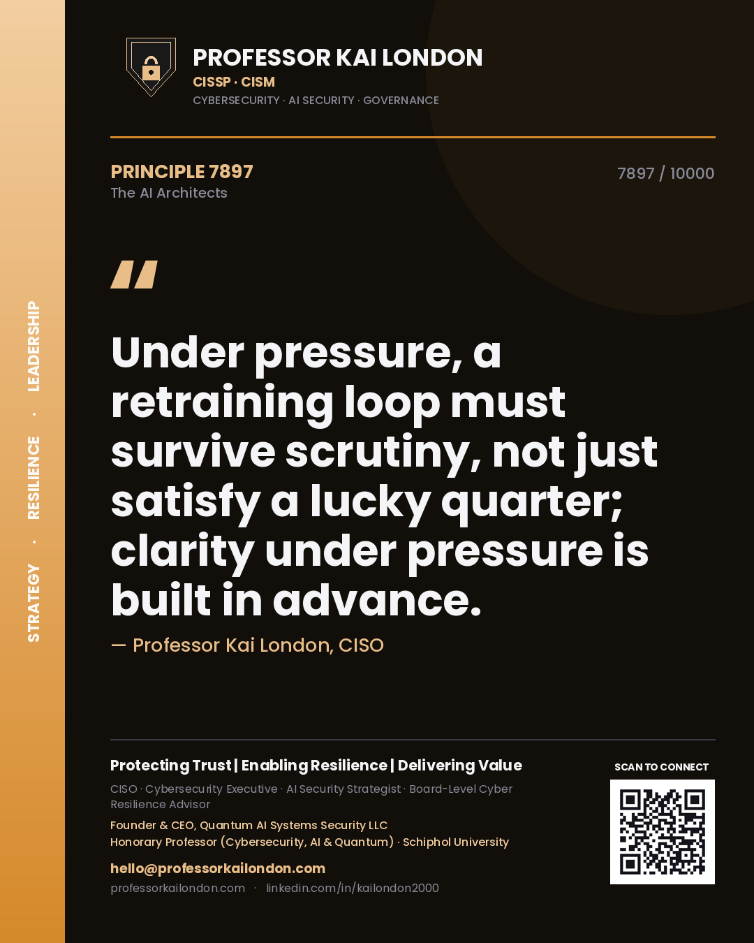 Quote card by Professor Kai London reading 'Under pressure, a retraining loop must survive scrutiny, not just satisfy a lucky quarter; clarity under pressure is built in advance.'. From the book The AI Architects.