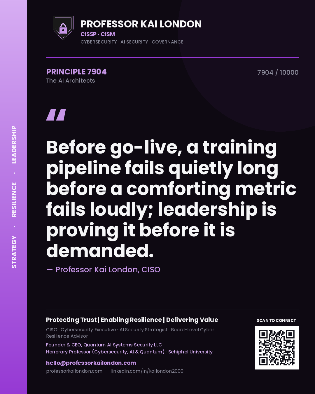 Quote card by Professor Kai London reading 'Before go-live, a training pipeline fails quietly long before a comforting metric fails loudly; leadership is proving it before it is demanded.'. From the book The AI Architects.