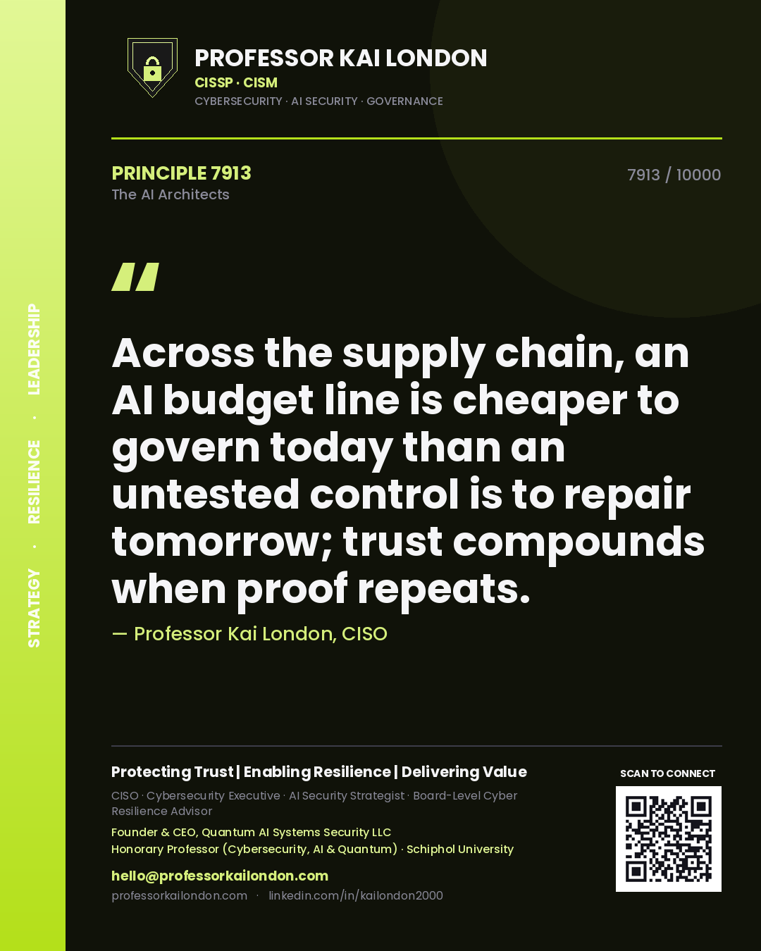 Professor Kai London principle 7913: Across the supply chain, an AI budget line is cheaper to govern today than an untested control is to repair tomorrow; trust compounds when proof repeats.