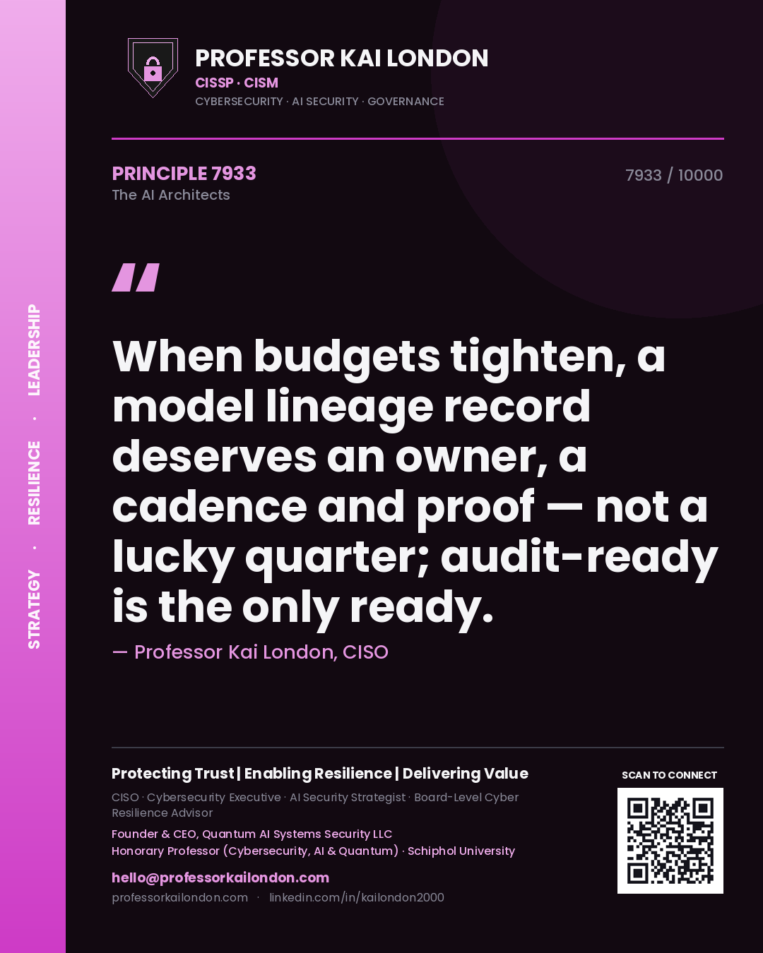 Quote card by Professor Kai London reading 'When budgets tighten, a model lineage record deserves an owner, a cadence and proof — not a lucky quarter; audit-ready is the only ready.'. From the book The AI Architects.