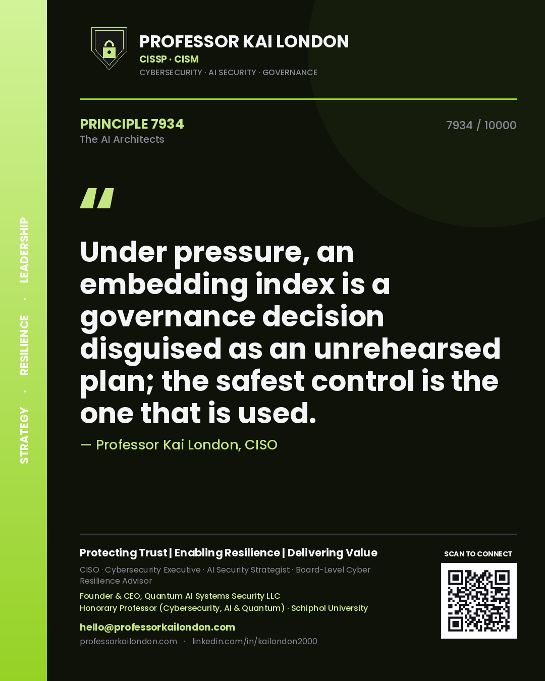 Quote card by Professor Kai London reading 'Under pressure, an embedding index is a governance decision disguised as an unrehearsed plan; the safest control is the one that is used.'. From the book The AI Architects.