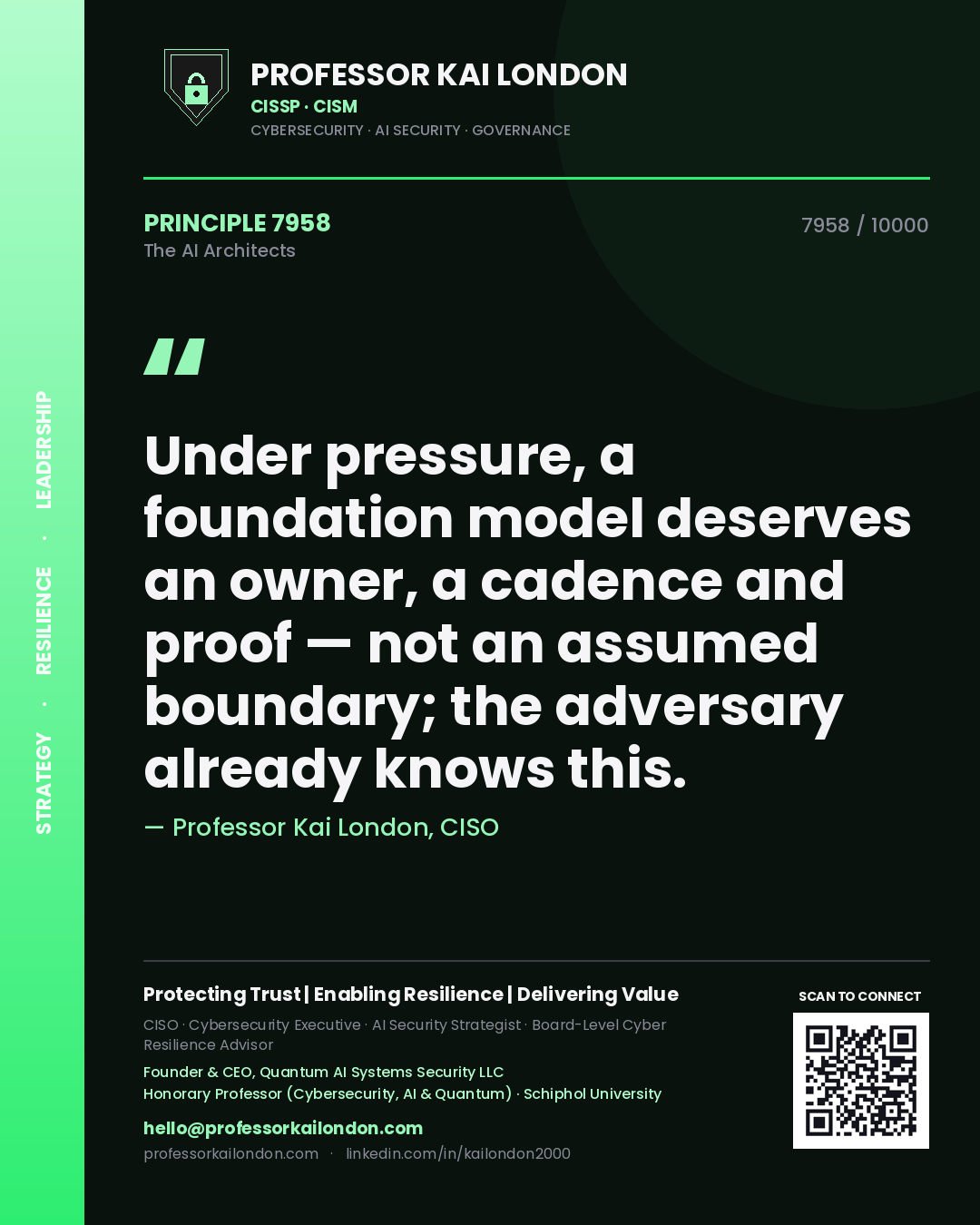 Professor Kai London principle 7958: Under pressure, a foundation model deserves an owner, a cadence and proof — not an assumed boundary; the adversary already knows this.
