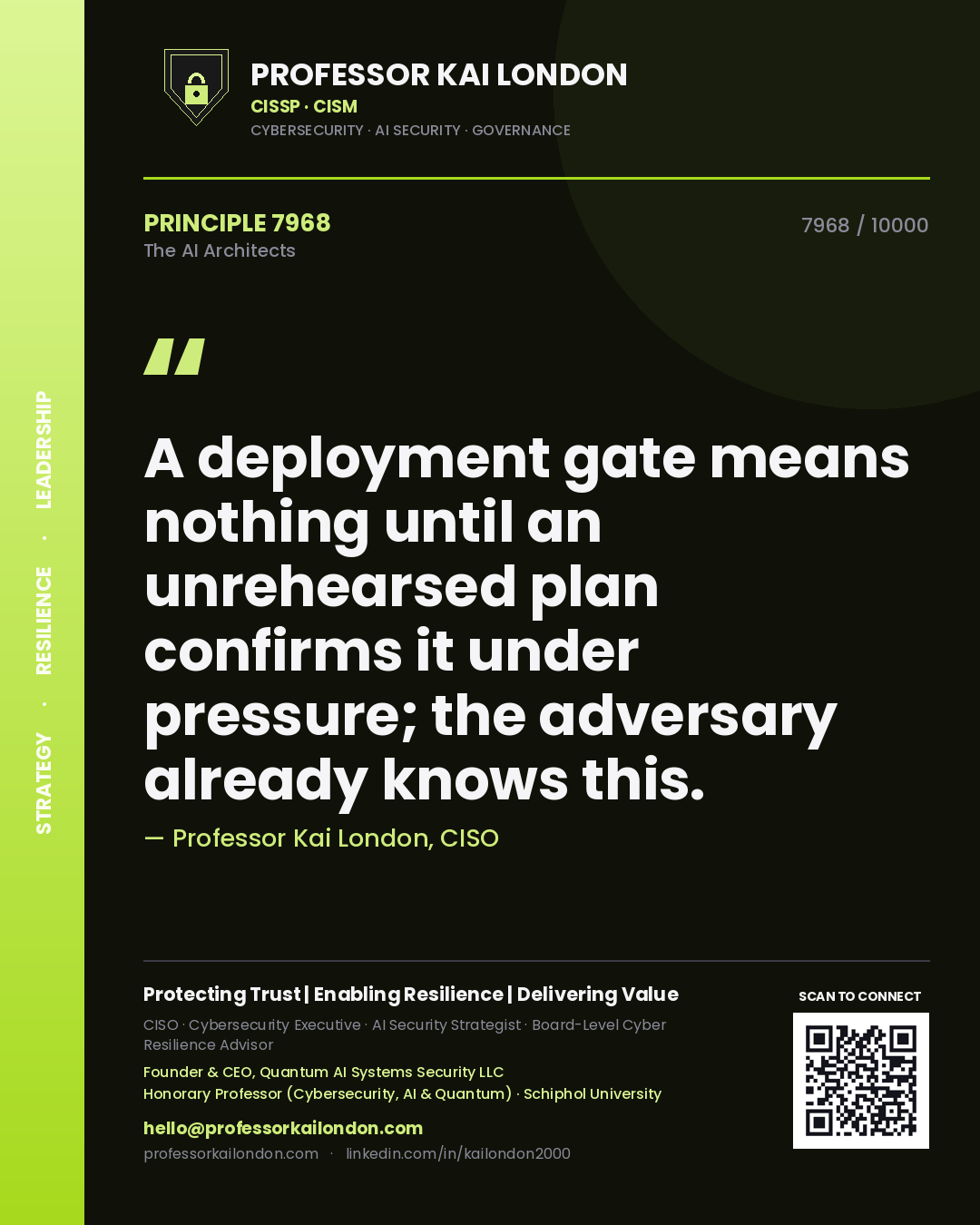 Professor Kai London principle 7968: A deployment gate means nothing until an unrehearsed plan confirms it under pressure; the adversary already knows this.