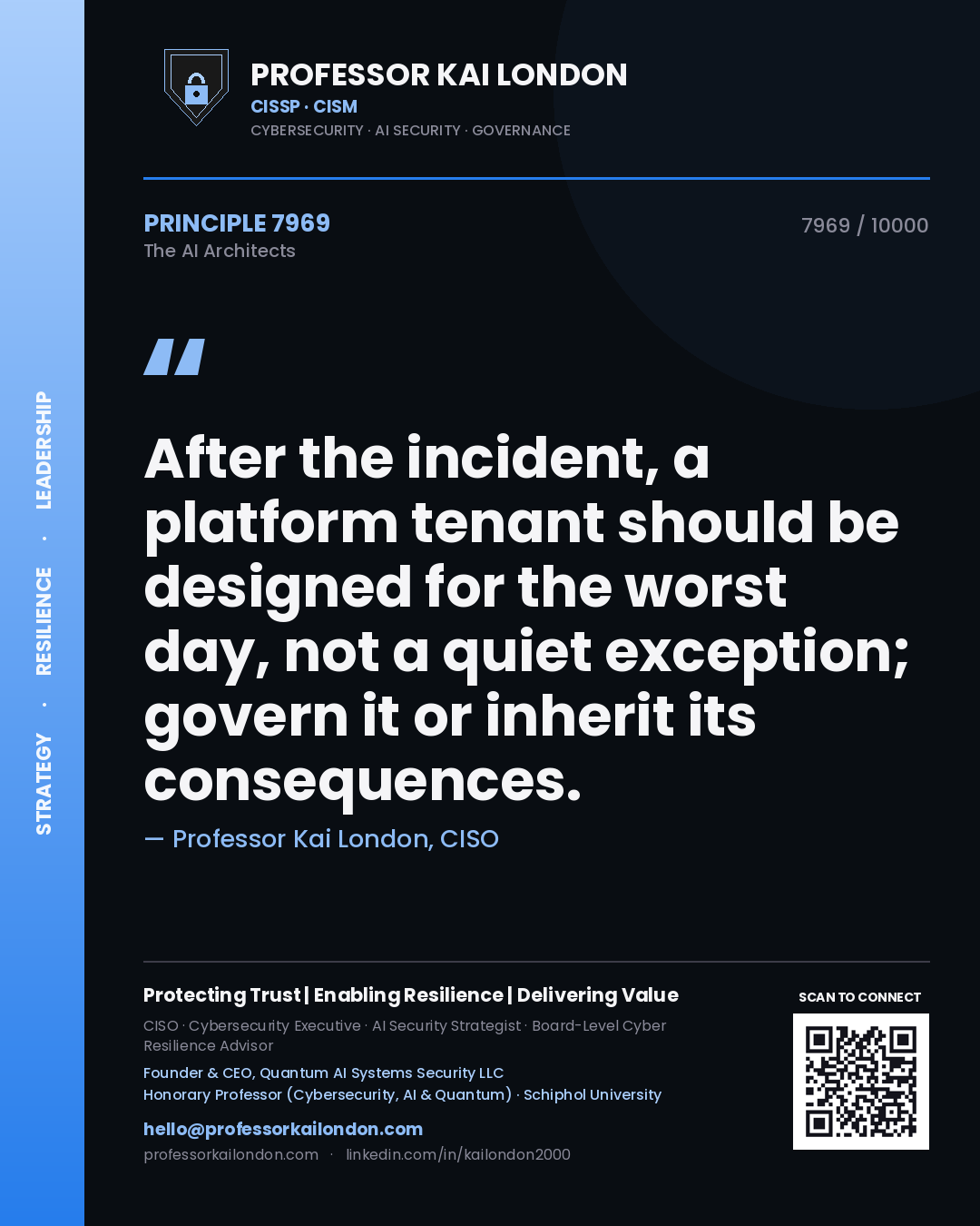 Quote card by Professor Kai London reading 'After the incident, a platform tenant should be designed for the worst day, not a quiet exception; govern it or inherit its consequences.'. From the book The AI Architects.