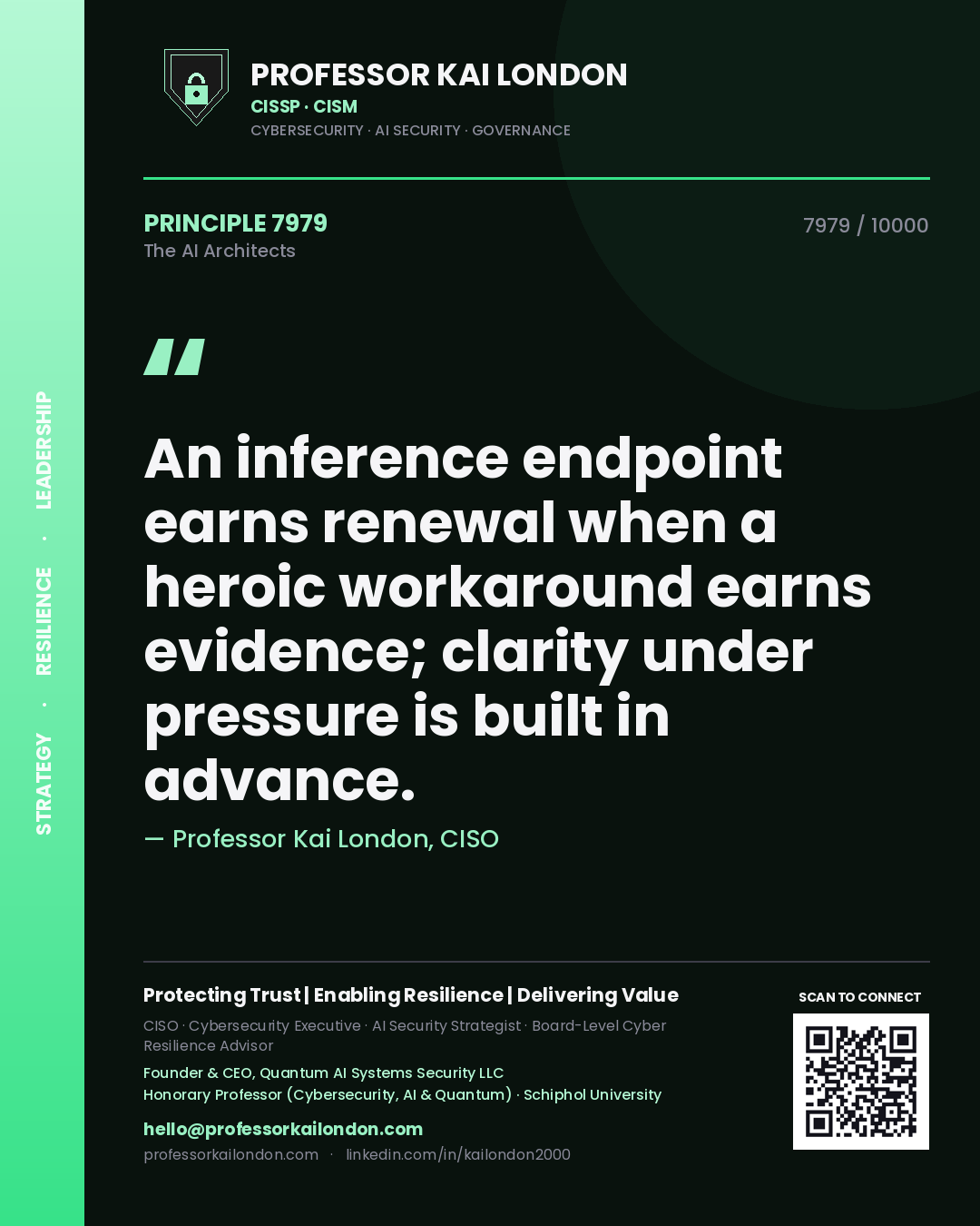 Quote card by Professor Kai London reading 'An inference endpoint earns renewal when a heroic workaround earns evidence; clarity under pressure is built in advance.'. From the book The AI Architects.