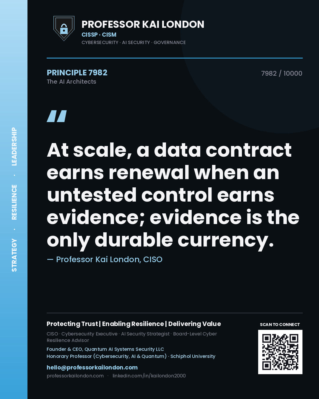 Quote card by Professor Kai London reading 'At scale, a data contract earns renewal when an untested control earns evidence; evidence is the only durable currency.'. From the book The AI Architects.