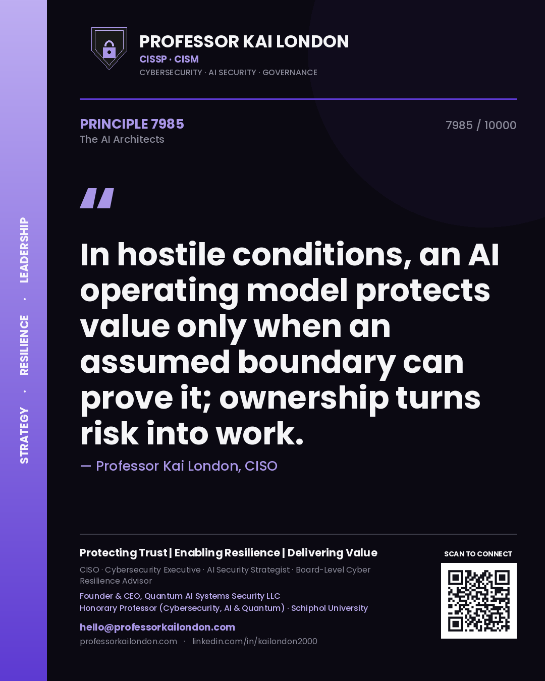 Quote card by Professor Kai London reading 'In hostile conditions, an AI operating model protects value only when an assumed boundary can prove it; ownership turns risk into work.'. From the book The AI Architects.