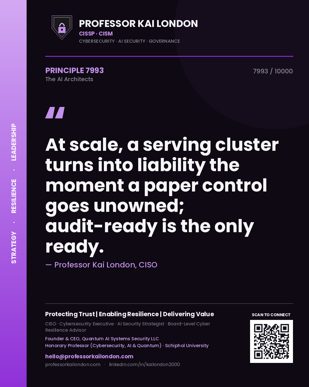 Quote card by Professor Kai London reading 'At scale, a serving cluster turns into liability the moment a paper control goes unowned; audit-ready is the only ready.'. From the book The AI Architects.