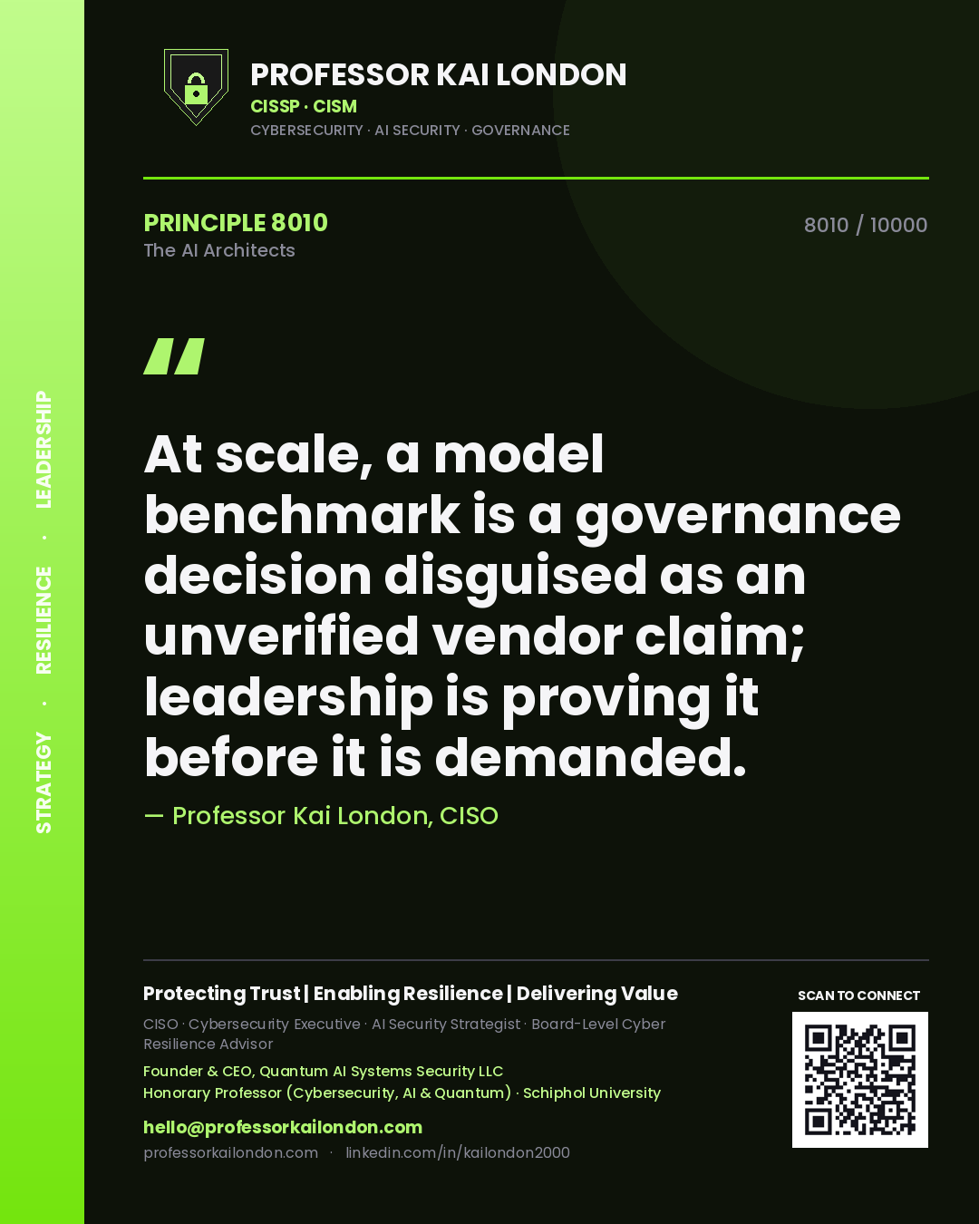 Quote card by Professor Kai London reading 'At scale, a model benchmark is a governance decision disguised as an unverified vendor claim; leadership is proving it before it is demanded.'. From the book The AI Architects.