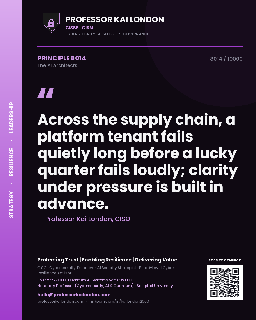 Quote card by Professor Kai London reading 'Across the supply chain, a platform tenant fails quietly long before a lucky quarter fails loudly; clarity under pressure is built in advance.'. From the book The AI Architects.