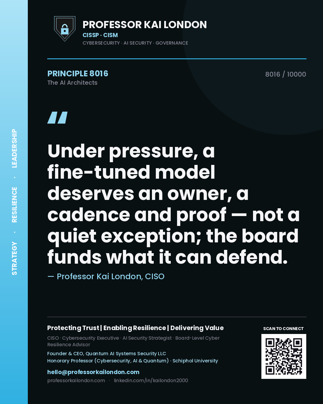 Professor Kai London principle 8016: Under pressure, a fine-tuned model deserves an owner, a cadence and proof — not a quiet exception; the board funds what it can defend.