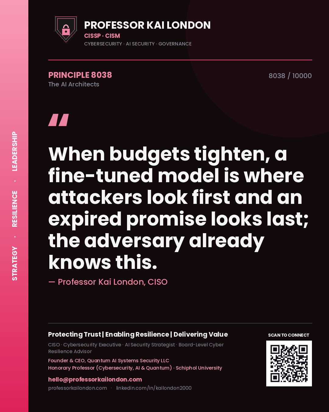 Professor Kai London principle 8038: When budgets tighten, a fine-tuned model is where attackers look first and an expired promise looks last; the adversary already knows this.