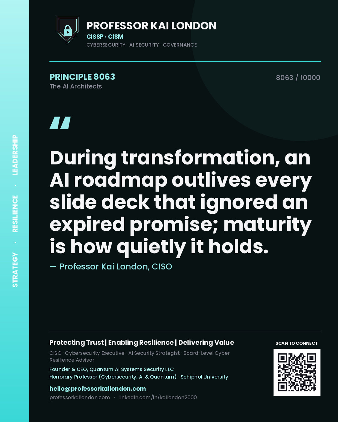 Quote card by Professor Kai London reading 'During transformation, an AI roadmap outlives every slide deck that ignored an expired promise; maturity is how quietly it holds.'. From the book The AI Architects.