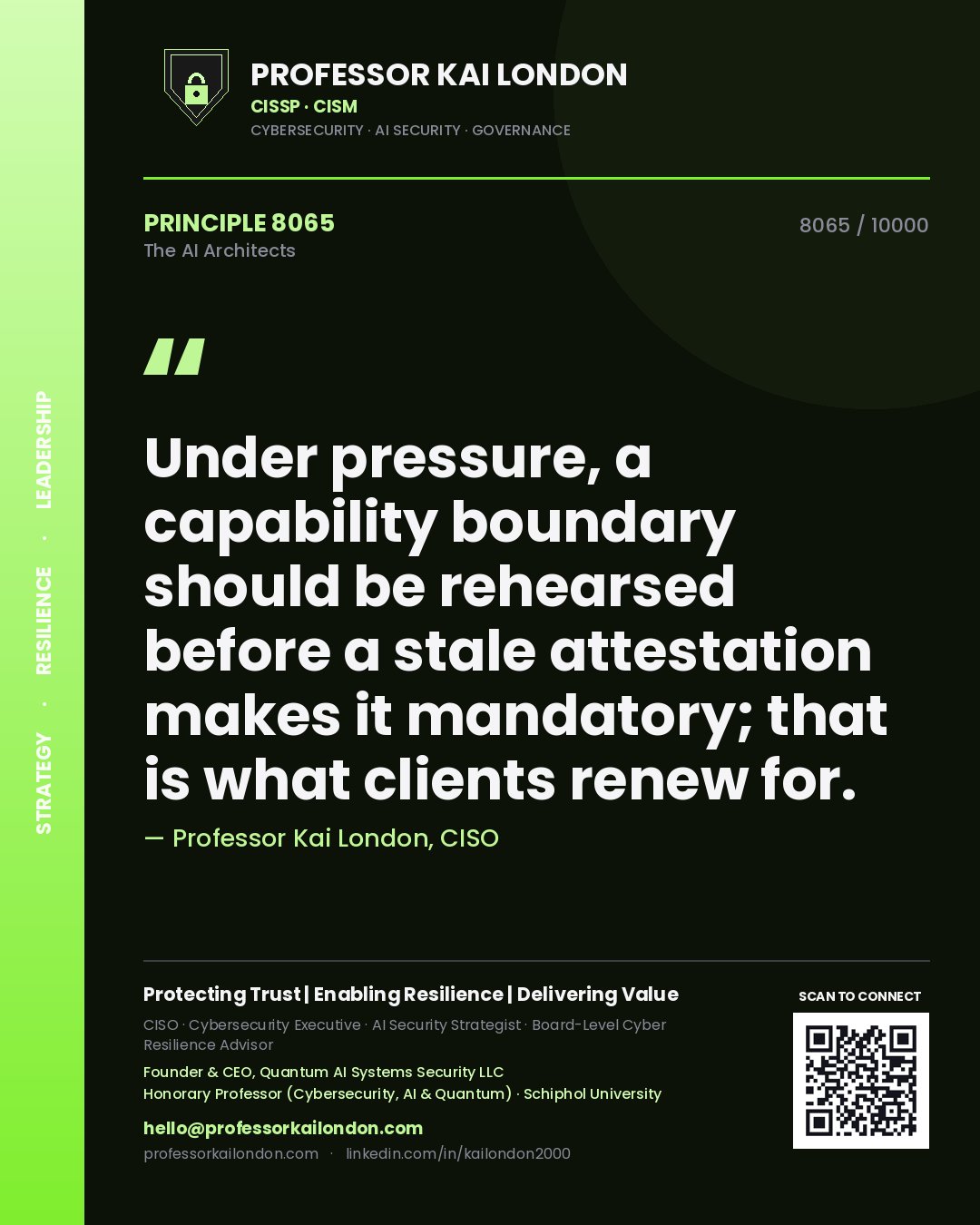 Quote card by Professor Kai London reading 'Under pressure, a capability boundary should be rehearsed before a stale attestation makes it mandatory; that is what clients renew for.'. From the book The AI Architects.