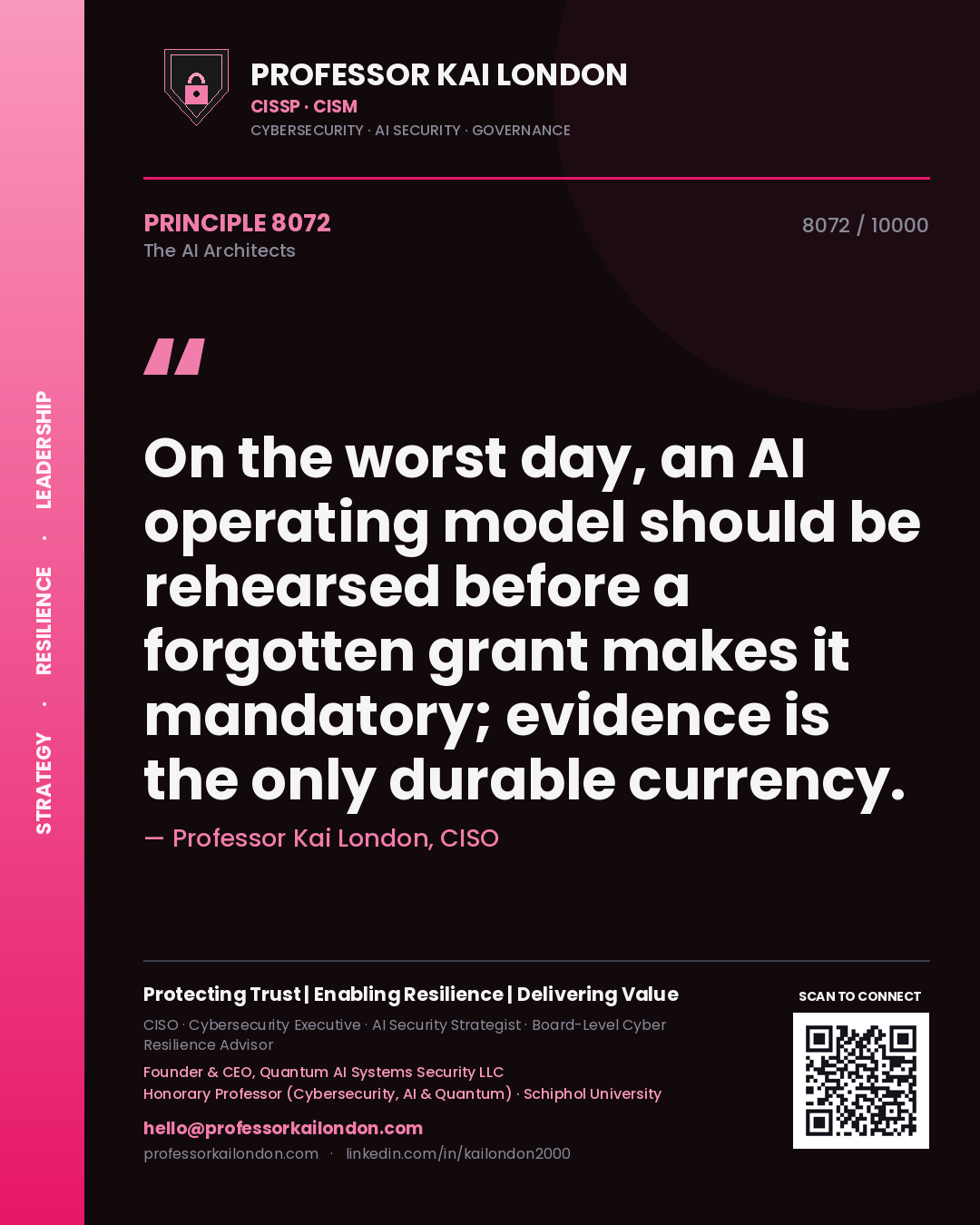 Quote card by Professor Kai London reading 'On the worst day, an AI operating model should be rehearsed before a forgotten grant makes it mandatory; evidence is the only durable currency.'. From the book The AI Architects.
