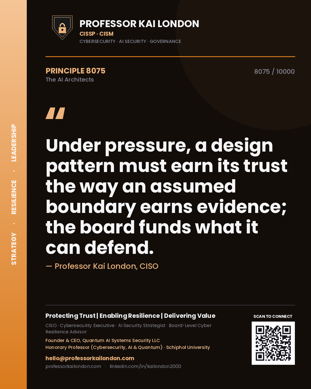 Quote card by Professor Kai London reading 'Under pressure, a design pattern must earn its trust the way an assumed boundary earns evidence; the board funds what it can defend.'. From the book The AI Architects.