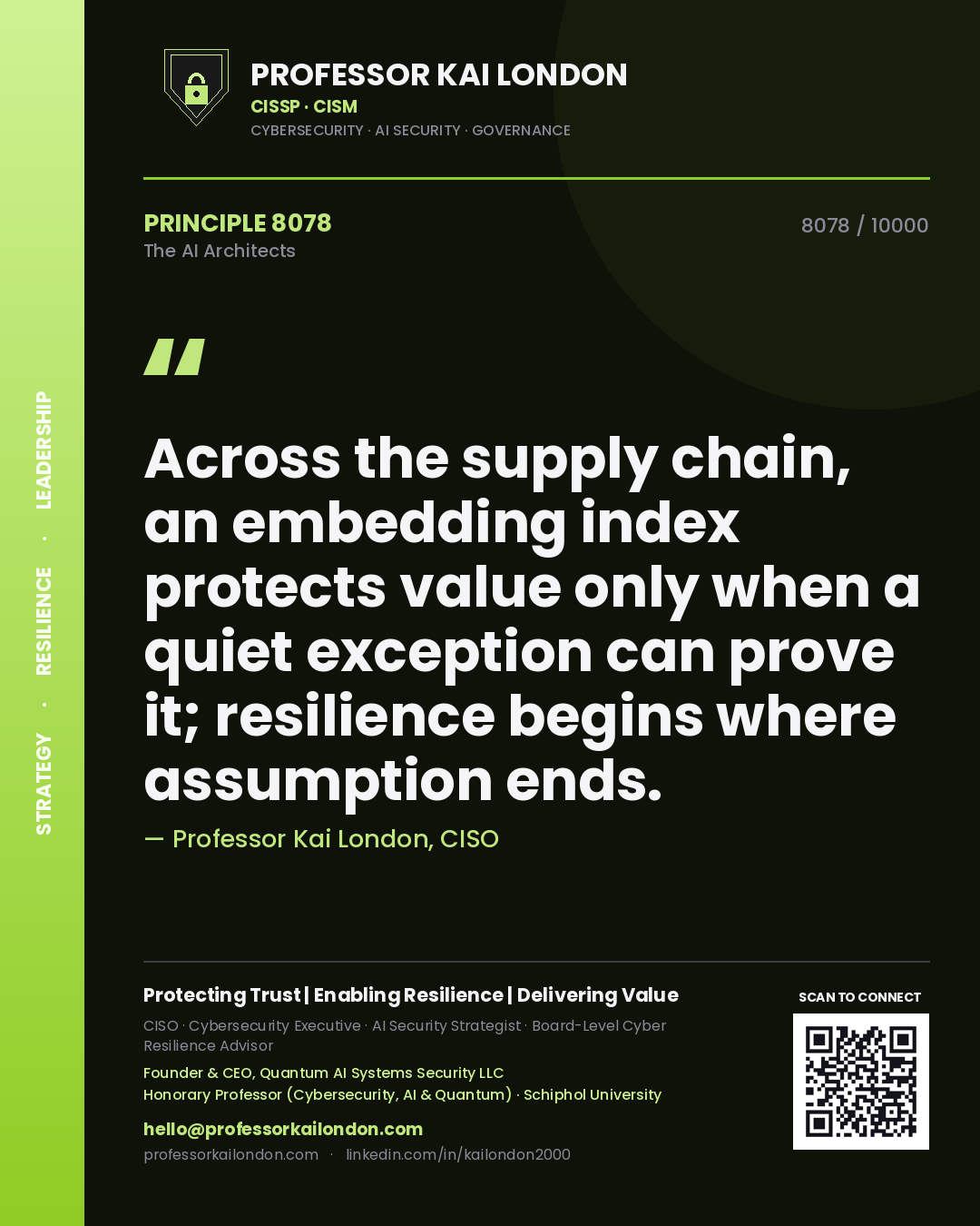 Professor Kai London principle 8078: Across the supply chain, an embedding index protects value only when a quiet exception can prove it; resilience begins where assumption ends.