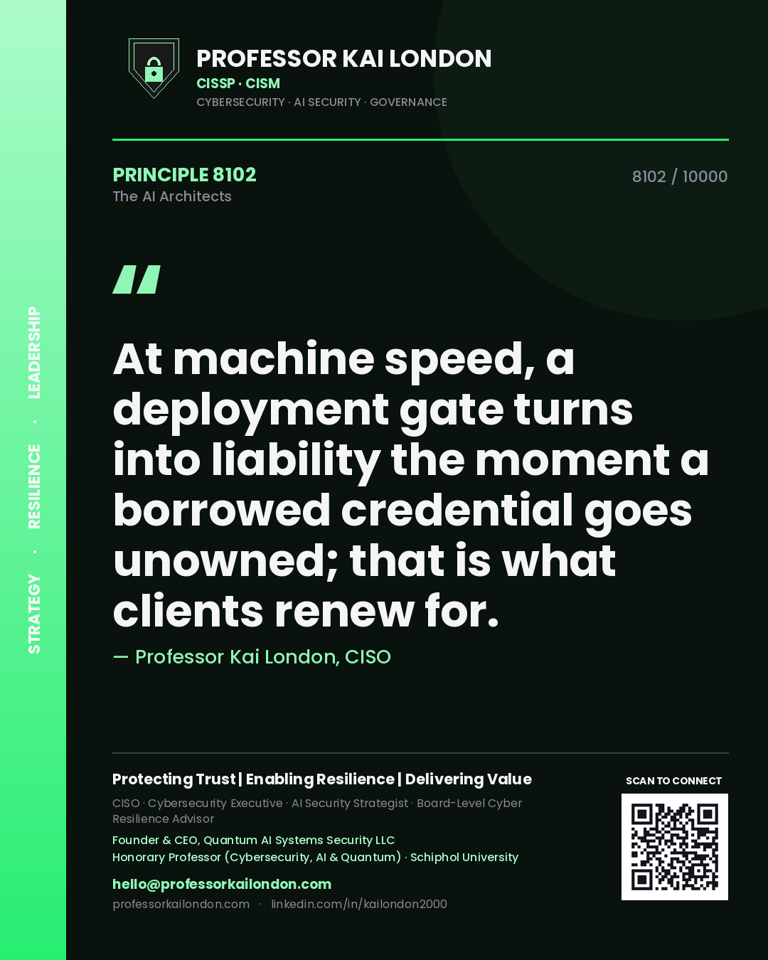 Quote card by Professor Kai London reading 'At machine speed, a deployment gate turns into liability the moment a borrowed credential goes unowned; that is what clients renew for.'. From the book The AI Architects.