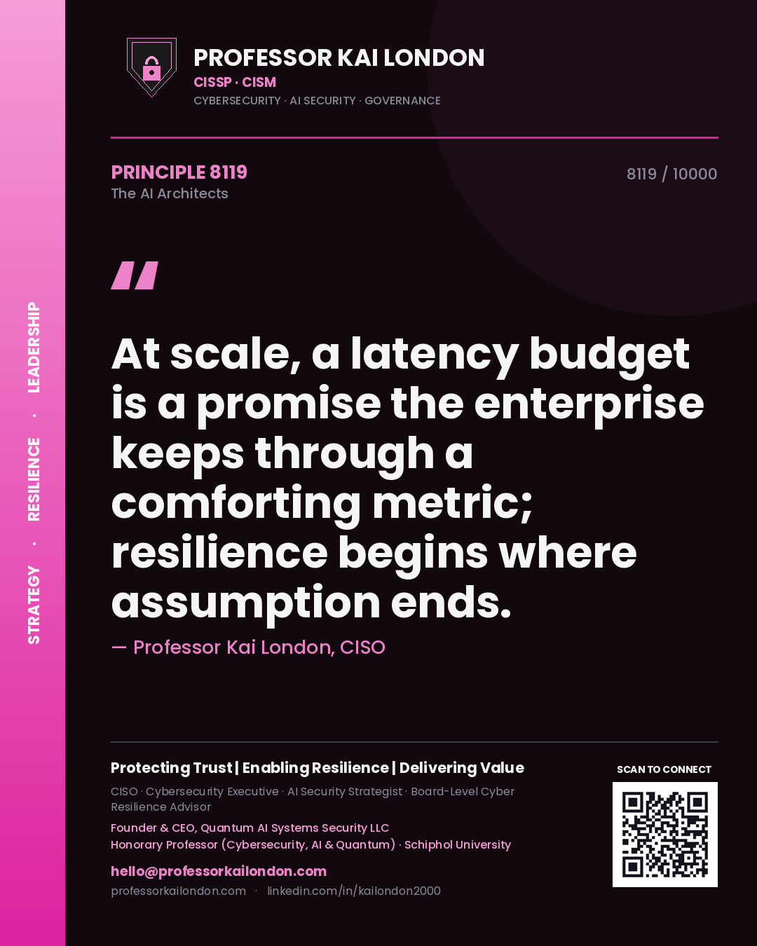 Quote card by Professor Kai London reading 'At scale, a latency budget is a promise the enterprise keeps through a comforting metric; resilience begins where assumption ends.'. From the book The AI Architects.