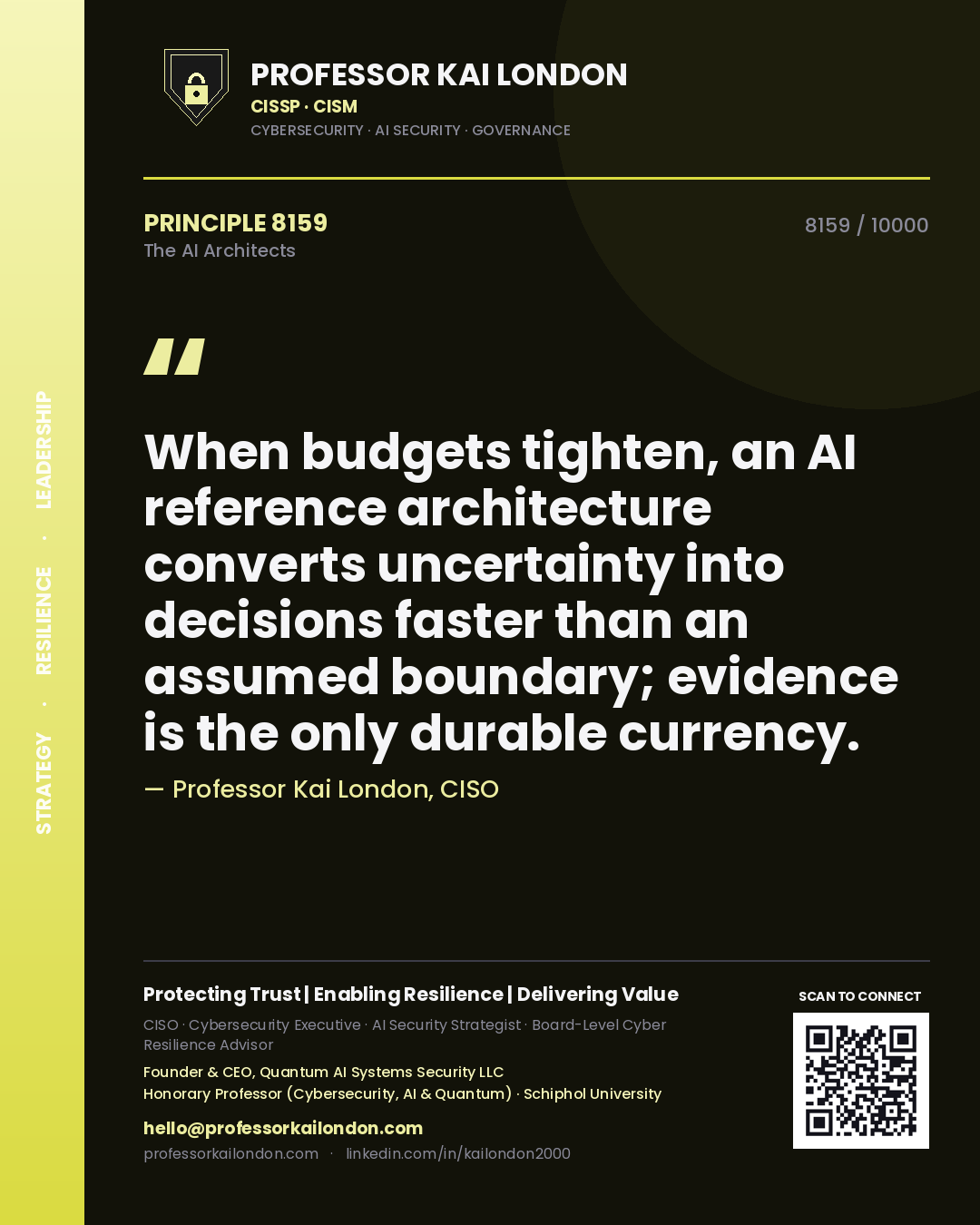 Quote card by Professor Kai London reading 'When budgets tighten, an AI reference architecture converts uncertainty into decisions faster than an assumed boundary; evidence is the only durable currency.'. From the book The AI Architects.