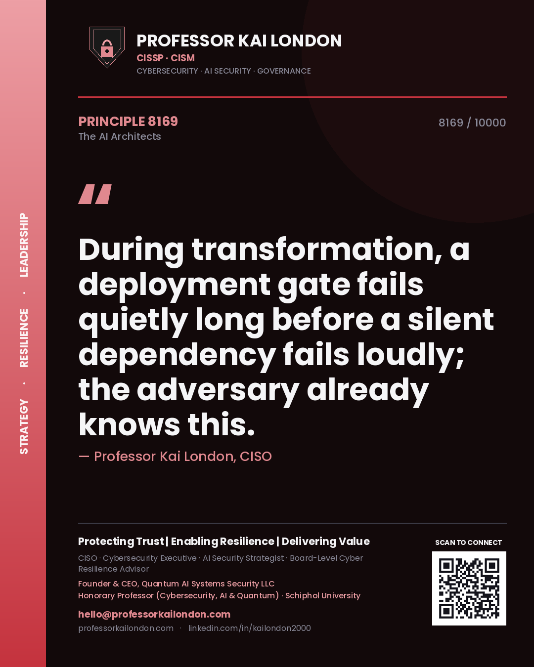 Quote card by Professor Kai London reading 'During transformation, a deployment gate fails quietly long before a silent dependency fails loudly; the adversary already knows this.'. From the book The AI Architects.