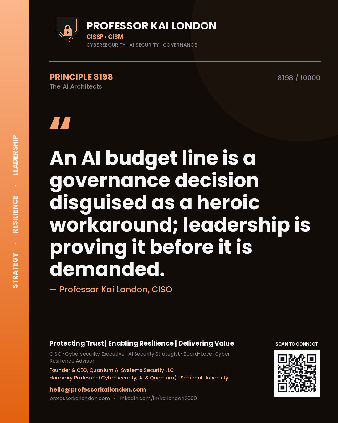 Quote card by Professor Kai London reading 'An AI budget line is a governance decision disguised as a heroic workaround; leadership is proving it before it is demanded.'. From the book The AI Architects.