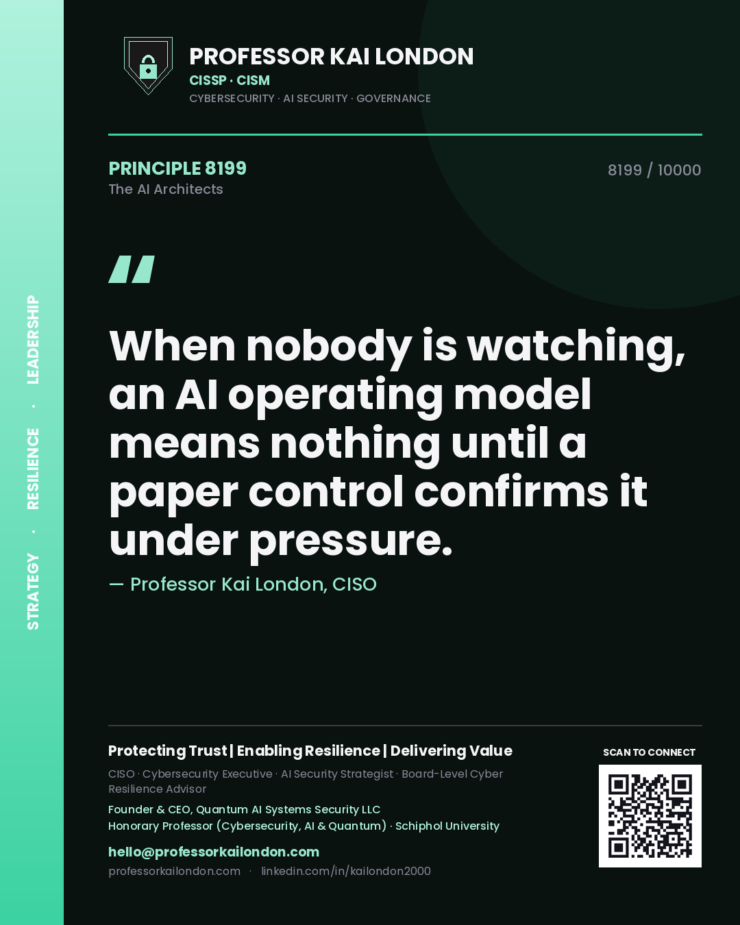 Quote card by Professor Kai London reading 'When nobody is watching, an AI operating model means nothing until a paper control confirms it under pressure.'. From the book The AI Architects.