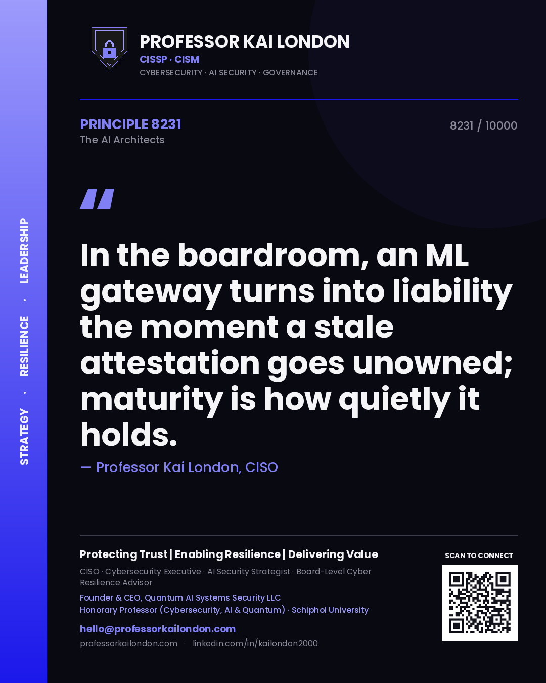 Quote card by Professor Kai London reading 'In the boardroom, an ML gateway turns into liability the moment a stale attestation goes unowned; maturity is how quietly it holds.'. From the book The AI Architects.