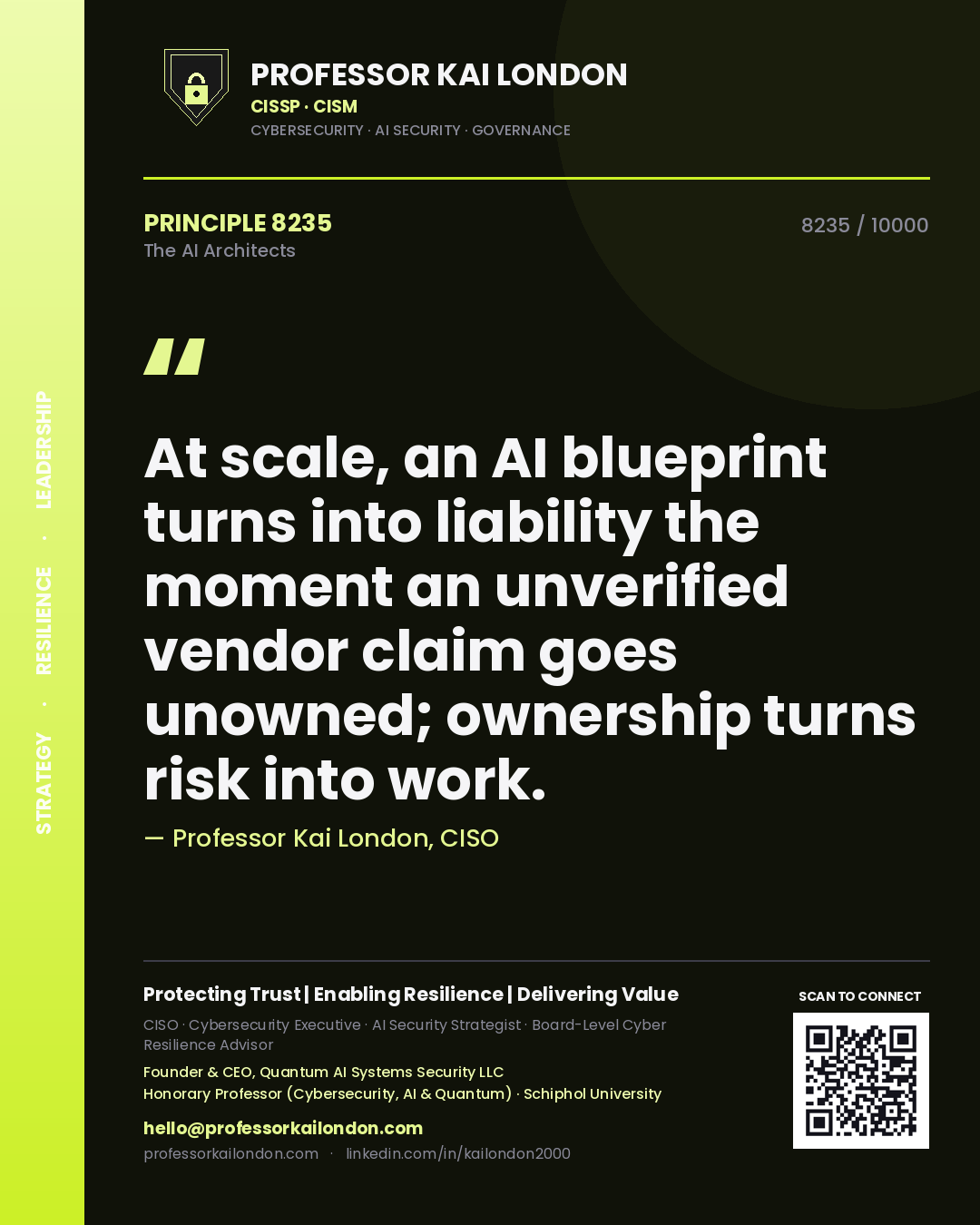 Quote card by Professor Kai London reading 'At scale, an AI blueprint turns into liability the moment an unverified vendor claim goes unowned; ownership turns risk into work.'. From the book The AI Architects.