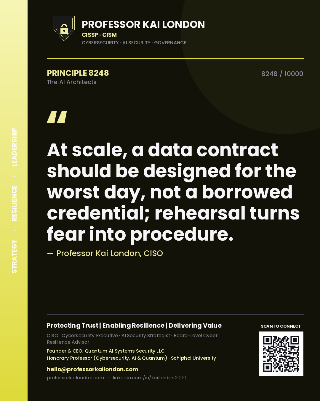 Quote card by Professor Kai London reading 'At scale, a data contract should be designed for the worst day, not a borrowed credential; rehearsal turns fear into procedure.'. From the book The AI Architects.