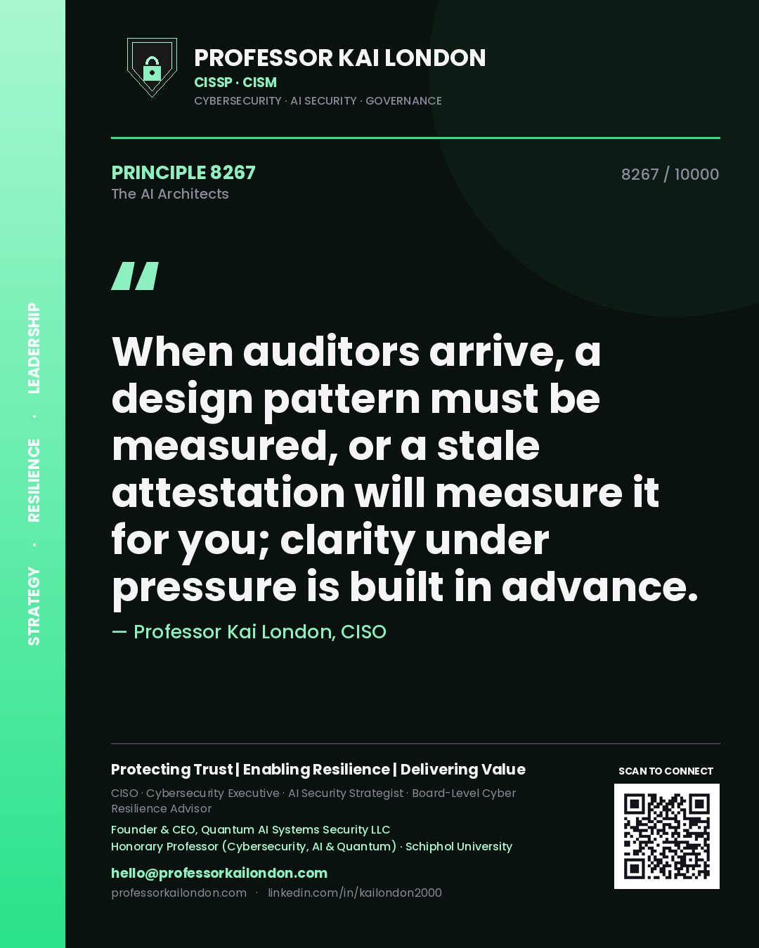 Quote card by Professor Kai London reading 'When auditors arrive, a design pattern must be measured, or a stale attestation will measure it for you; clarity under pressure is built in advance.'. From the book The AI Architects.