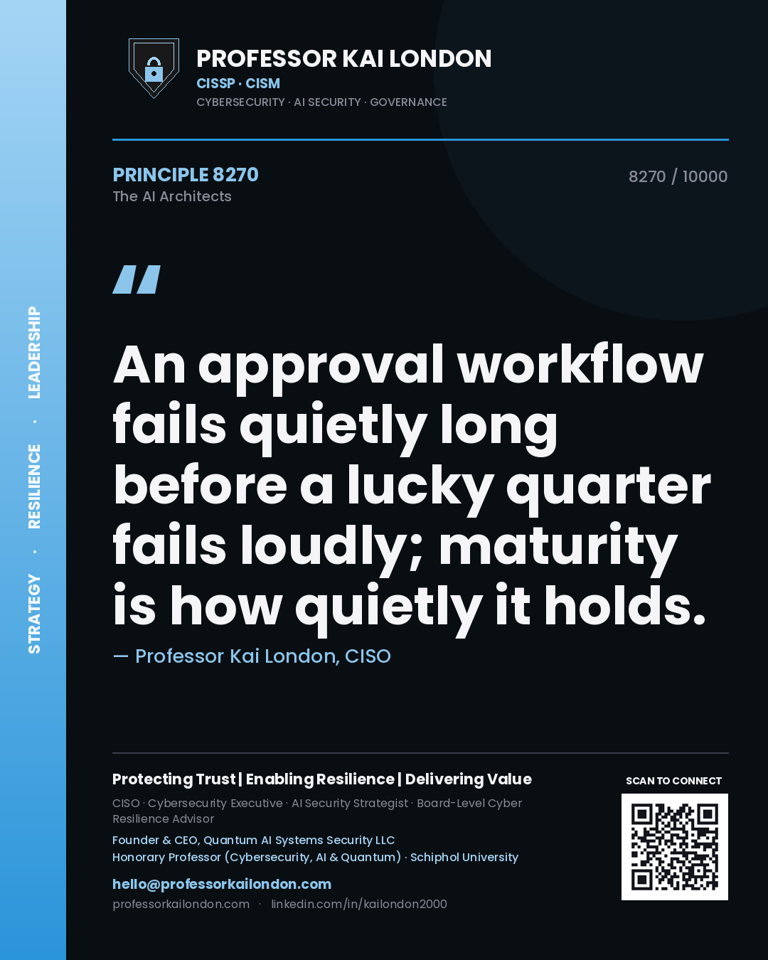 Quote card by Professor Kai London reading 'An approval workflow fails quietly long before a lucky quarter fails loudly; maturity is how quietly it holds.'. From the book The AI Architects.