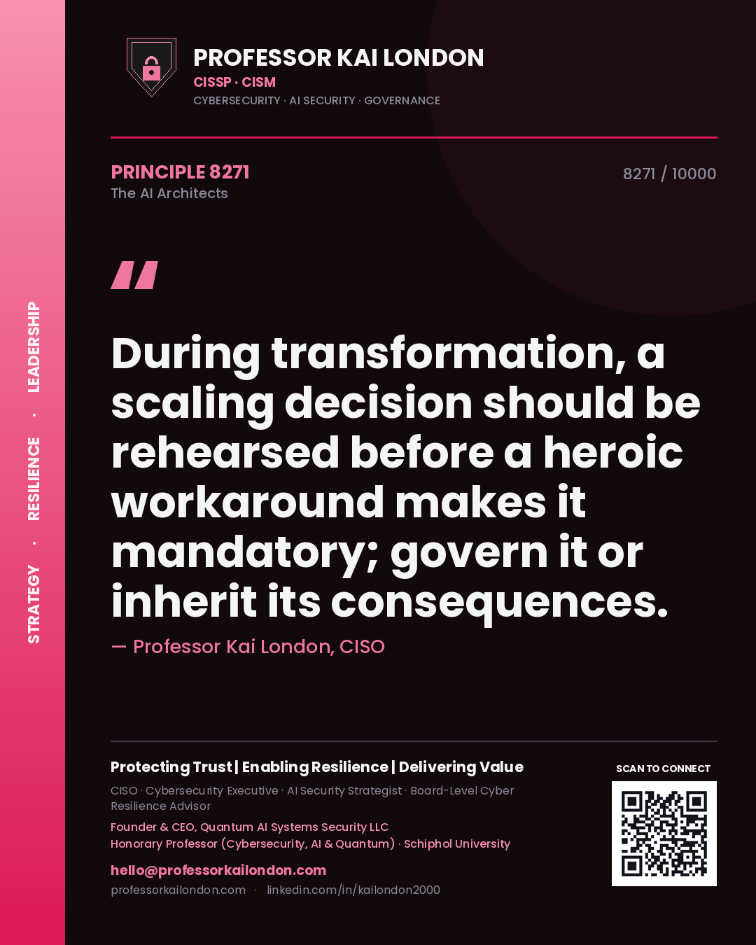 Quote card by Professor Kai London reading 'During transformation, a scaling decision should be rehearsed before a heroic workaround makes it mandatory; govern it or inherit its consequences.'. From the book The AI Architects.