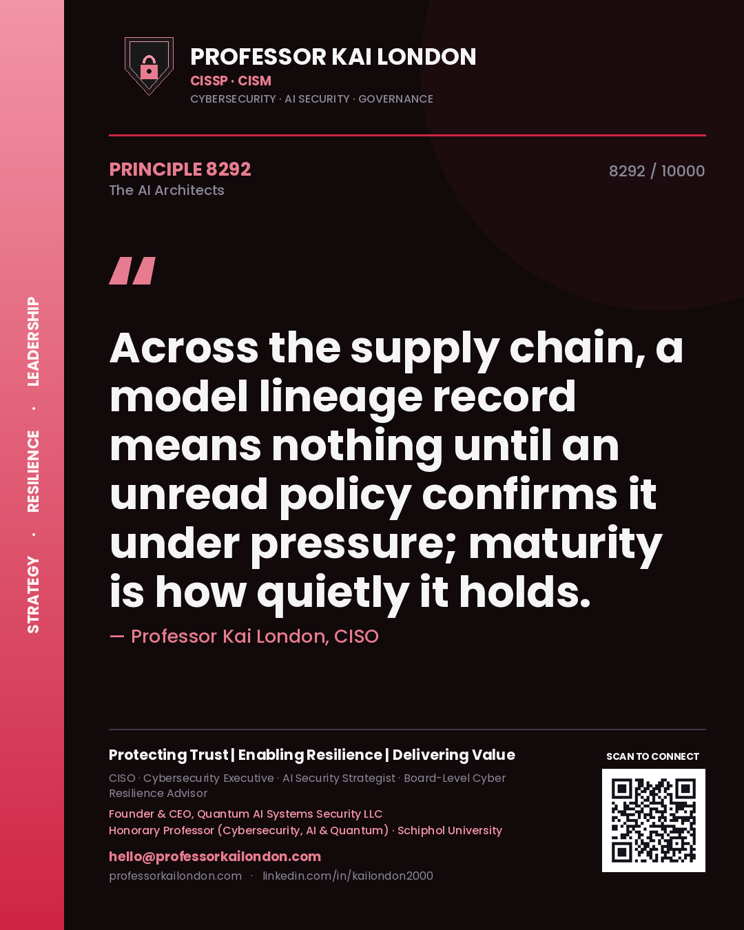 Professor Kai London principle 8292: Across the supply chain, a model lineage record means nothing until an unread policy confirms it under pressure; maturity is how quietly it holds.