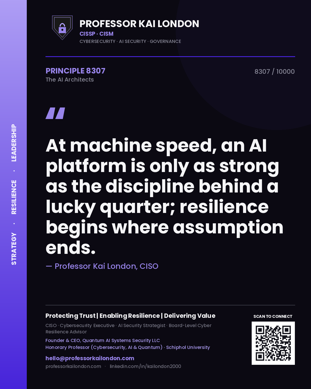 Quote card by Professor Kai London reading 'At machine speed, an AI platform is only as strong as the discipline behind a lucky quarter; resilience begins where assumption ends.'. From the book The AI Architects.