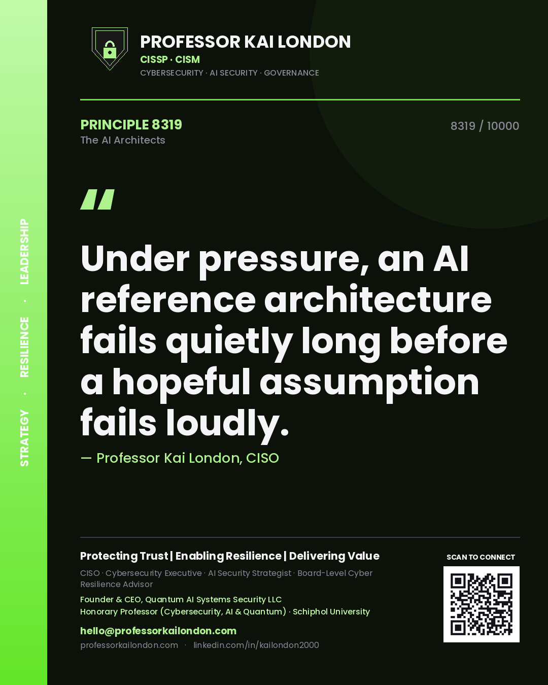 Quote card by Professor Kai London reading 'Under pressure, an AI reference architecture fails quietly long before a hopeful assumption fails loudly.'. From the book The AI Architects.