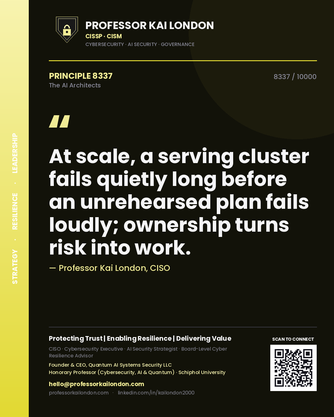 Quote card by Professor Kai London reading 'At scale, a serving cluster fails quietly long before an unrehearsed plan fails loudly; ownership turns risk into work.'. From the book The AI Architects.