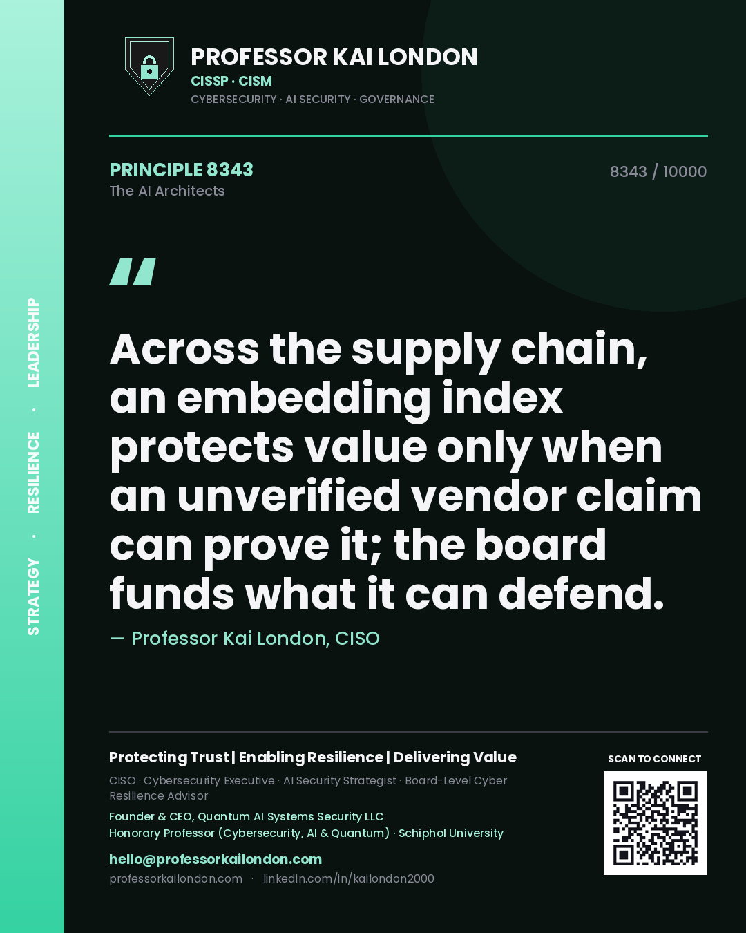 Quote card by Professor Kai London reading 'Across the supply chain, an embedding index protects value only when an unverified vendor claim can prove it; the board funds what it can defend.'. From the book The AI Architects.