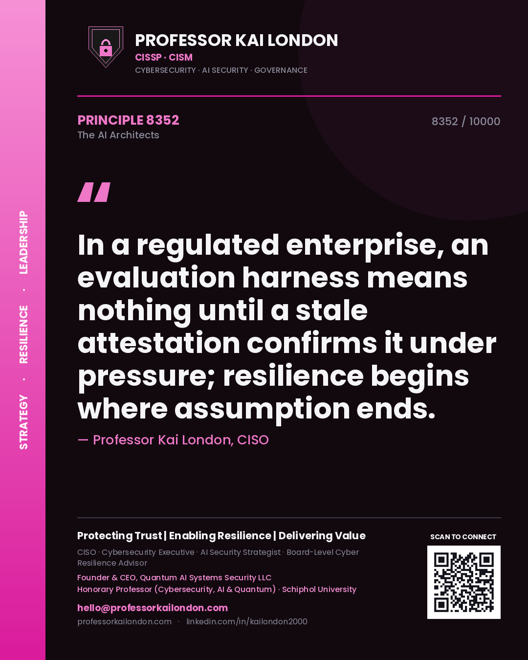 Quote card by Professor Kai London reading 'In a regulated enterprise, an evaluation harness means nothing until a stale attestation confirms it under pressure; resilience begins where assumption ends.'. From the book The AI Architects.