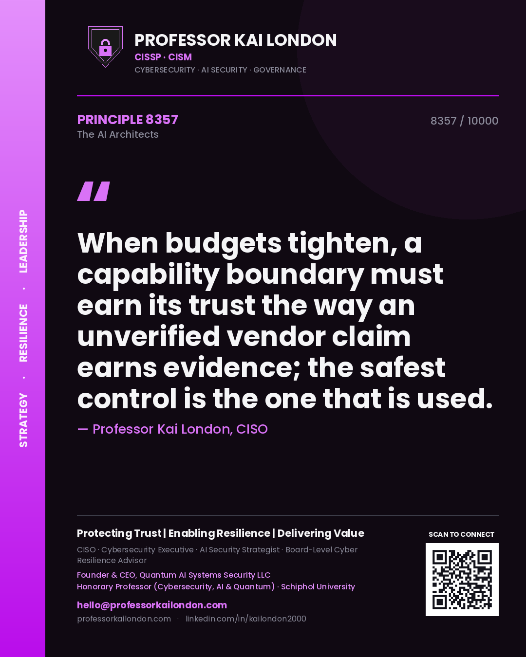 Quote card by Professor Kai London reading 'When budgets tighten, a capability boundary must earn its trust the way an unverified vendor claim earns evidence; the safest control is the one that is used.'. From the book The AI Architects.