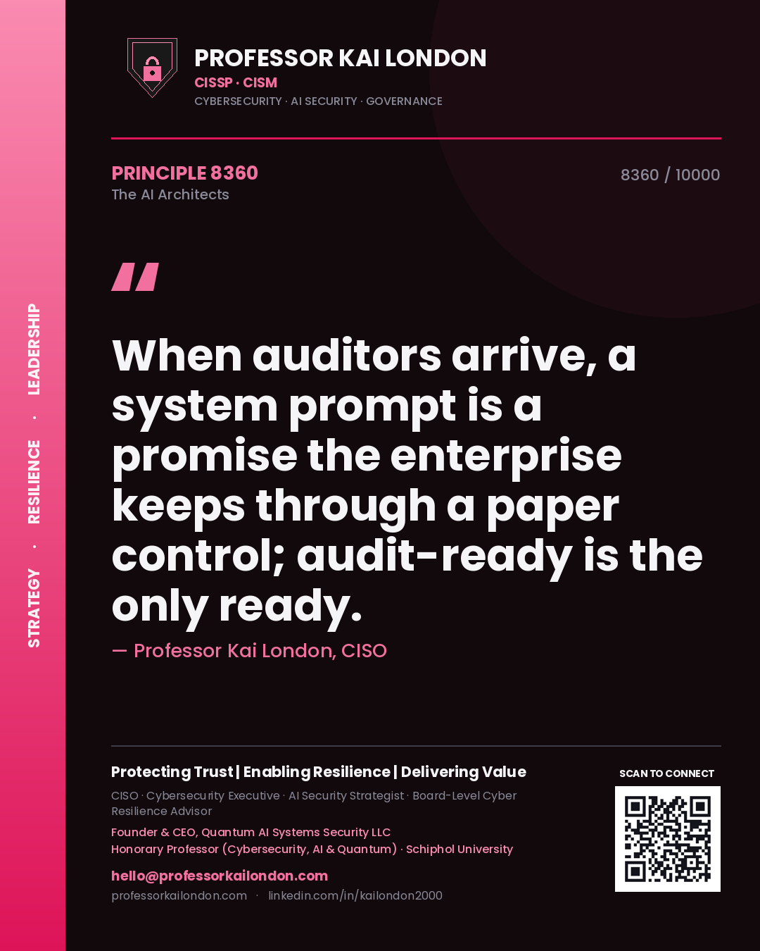 Quote card by Professor Kai London reading 'When auditors arrive, a system prompt is a promise the enterprise keeps through a paper control; audit-ready is the only ready.'. From the book The AI Architects.